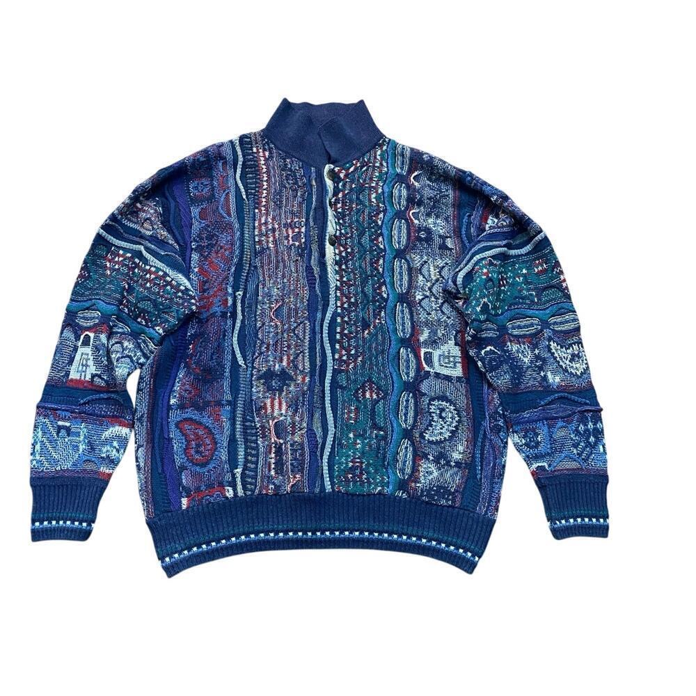 Marconi Blue Textured Long Sleeves Coogie Style 90s Knit Sweater Size Medium